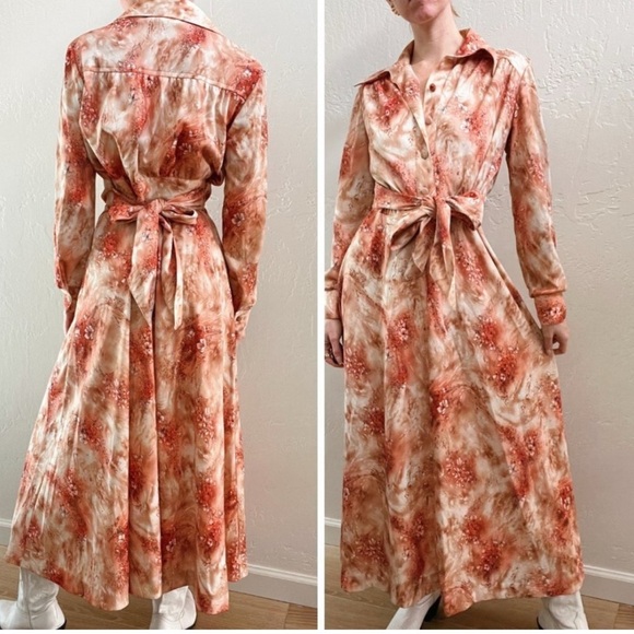 Vintage 1970's Long Sleeve Printed Button Up Maxi Dress Kenny Classics Size 10 - Picture 1 of 7